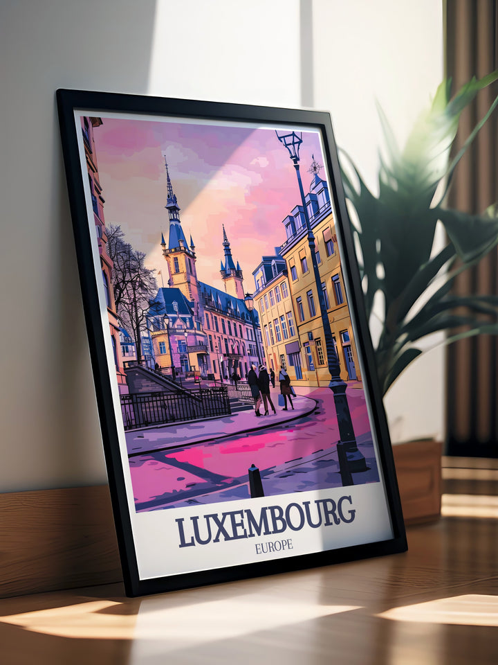 Luxembourg Vintage Poster offers a nostalgic view of the Grand Ducal Palace and Southern Luxembourg, blending historical elegance with modern artistic design. This framed art piece brings European charm into your home and makes an ideal gift for travel enthusiasts.