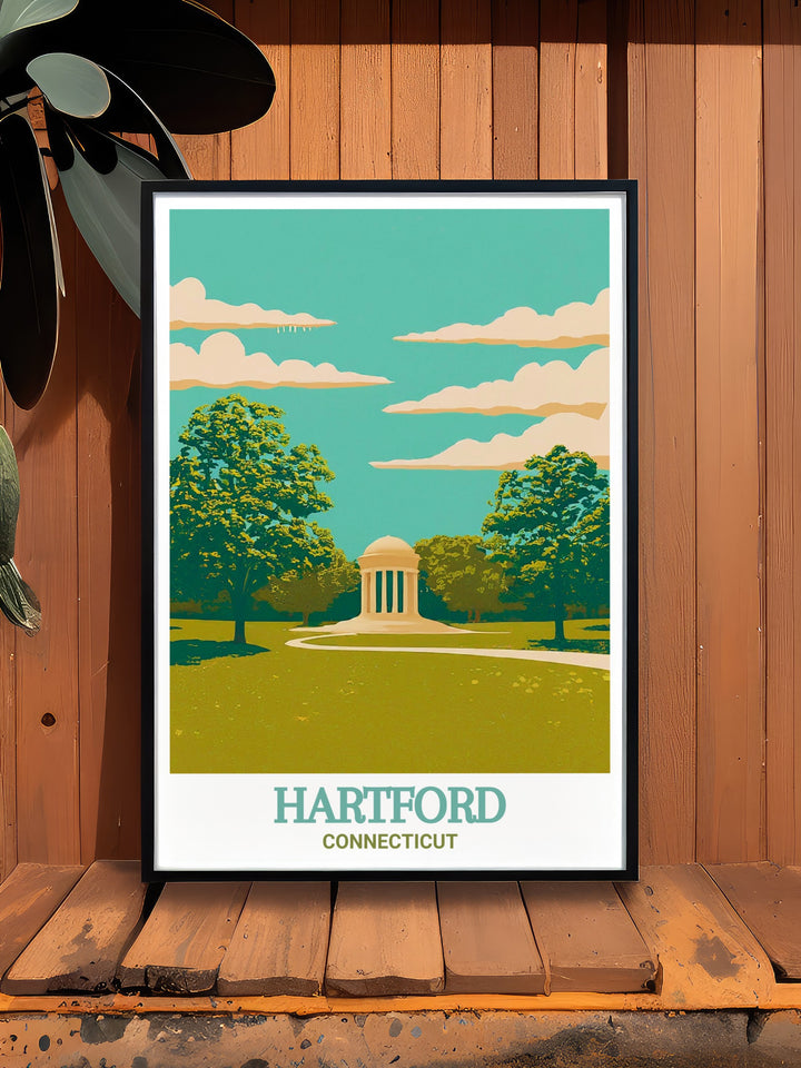 Hartford poster featuring Bushnell Park stunning prints that showcase the citys iconic landmarks. The vibrant colors and elegant design make this piece a standout choice for gifts or personal decor perfect for those who appreciate modern city art.