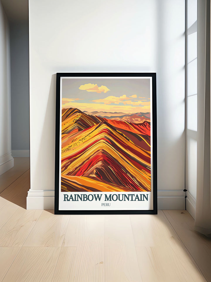 Stunning Rainbow Mountain art showcasing the vibrant colors of the Andean highlands Red Valley perfect for enhancing your home decor with unique and modern Peru wall art and decor.