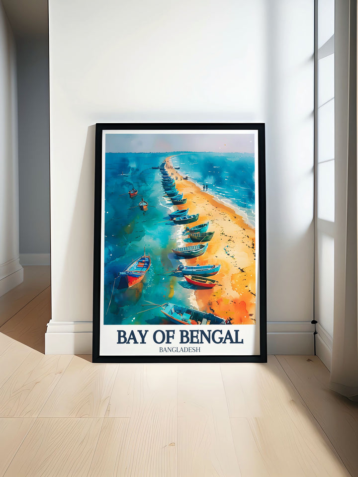Buriganga river Dhaka Bay of Bengal colorful art print showcasing the vibrant life along the river and the bustling cityscape of Dhaka perfect for adding a splash of color and cultural richness to any living space