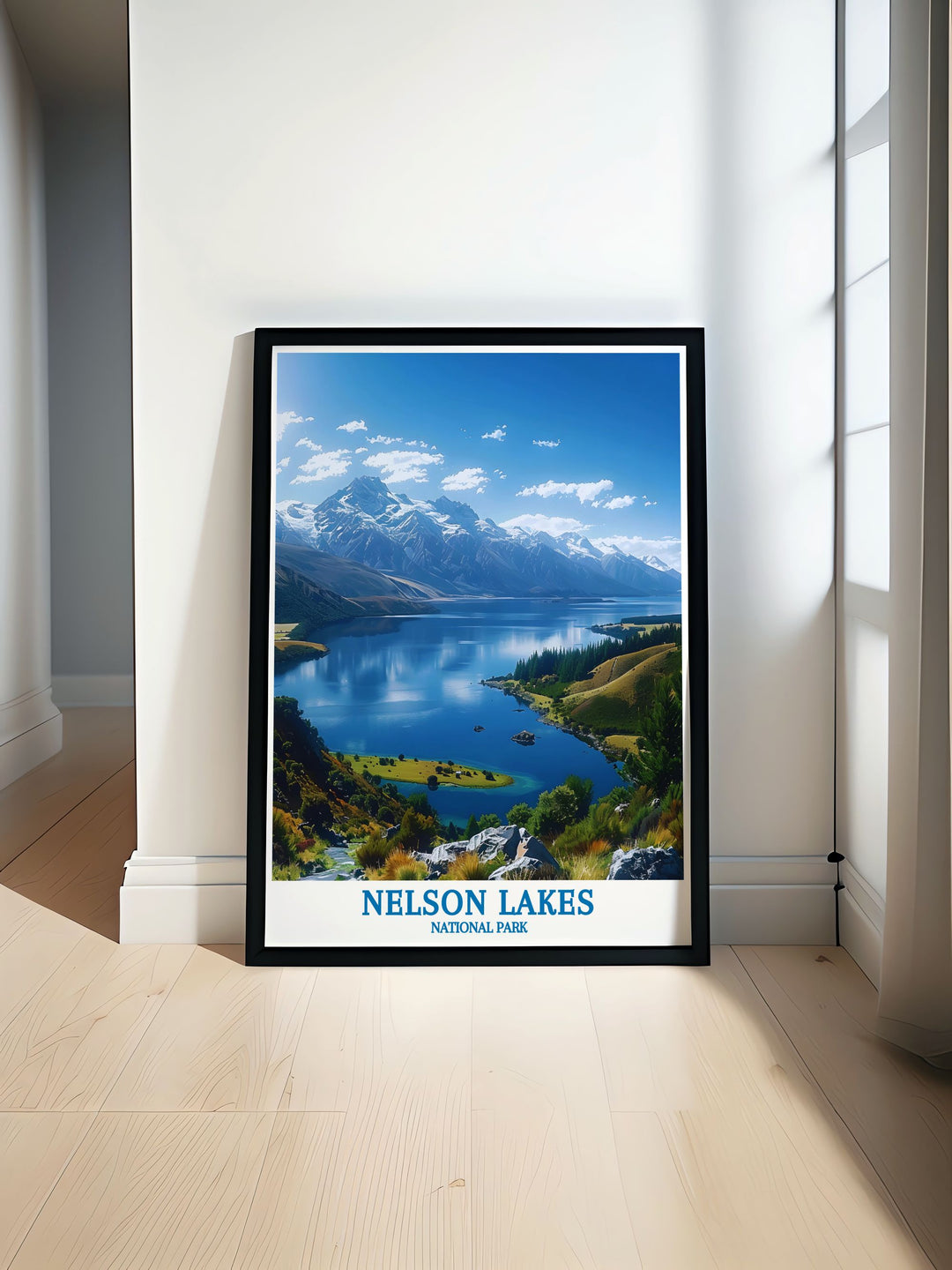Stunning Lake Rotoiti travel poster showcasing the serene waters and lush surroundings of New Zealands South Island, perfect for nature lovers and home decor enthusiasts looking to bring the beauty of Lake Rotoiti into their living spaces.