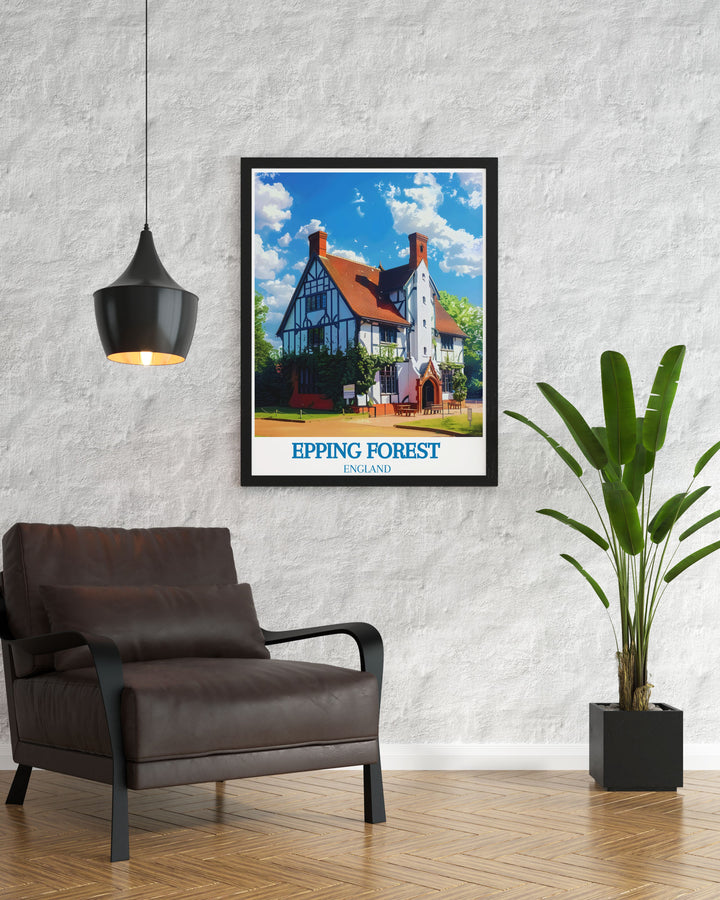 Modern wall decor highlighting the picturesque views of Queen Elizabeths Hunting Lodge, capturing the natural tranquility of Epping Forest.