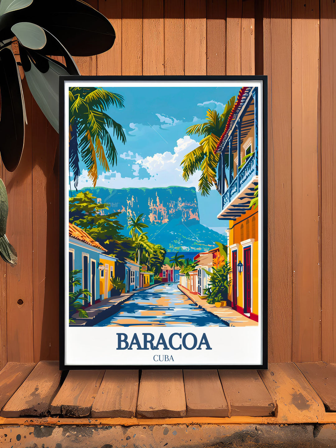 Elegant Cuba wall art depicting the enchanting Baracoa town and the majestic El Yunque Mountain. This piece highlights the contrast between historic architecture and natural landscapes, adding a charming yet adventurous touch to any room.