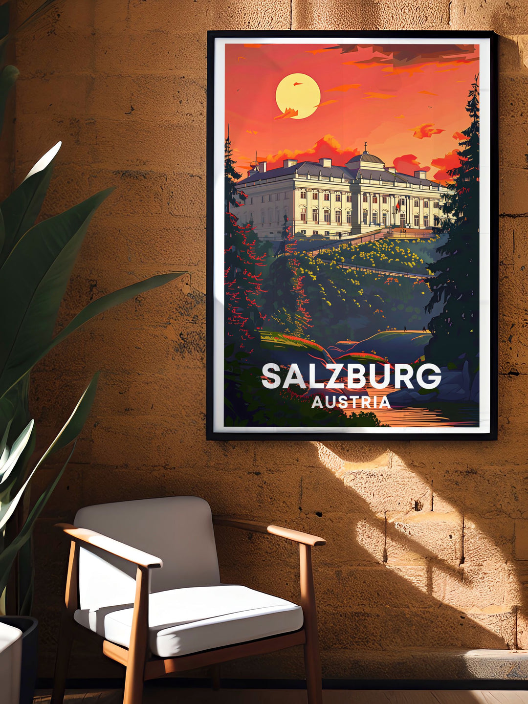 Vintage travel print featuring Mirabel Palace in Salzburg and Zauchensee skiing. Ideal for home decor, it adds a touch of Austrian history and adventure to your space. Perfect for those who love unique and captivating wall art.