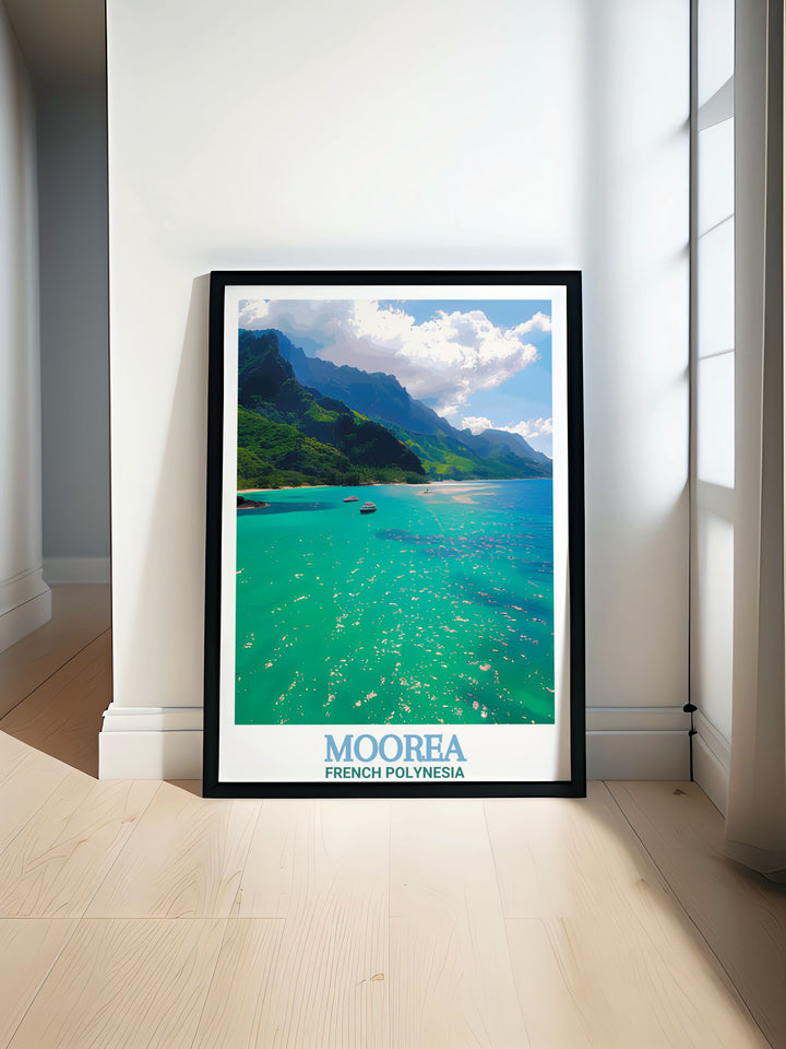 This French Polynesia Wall Poster brings the striking beauty of Mooreas Cooks Bay to life. The poster captures the islands vibrant colors and stunning mountain views, making it a perfect addition to any room or a unique gift for those who love tropical destinations.