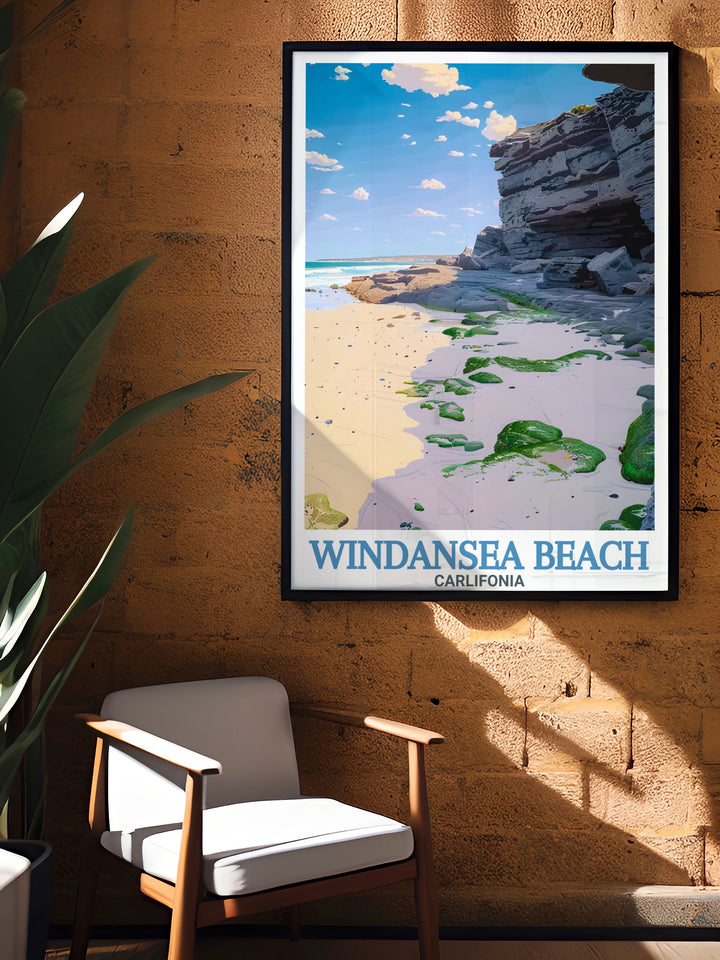 Windansea Beach Map poster featuring elegant rock formations and coastal scenery making it perfect wall art. This travel print is an excellent personalized gift and adds a unique touch to any rooms décor capturing the essence of San Diegos beautiful coastline.