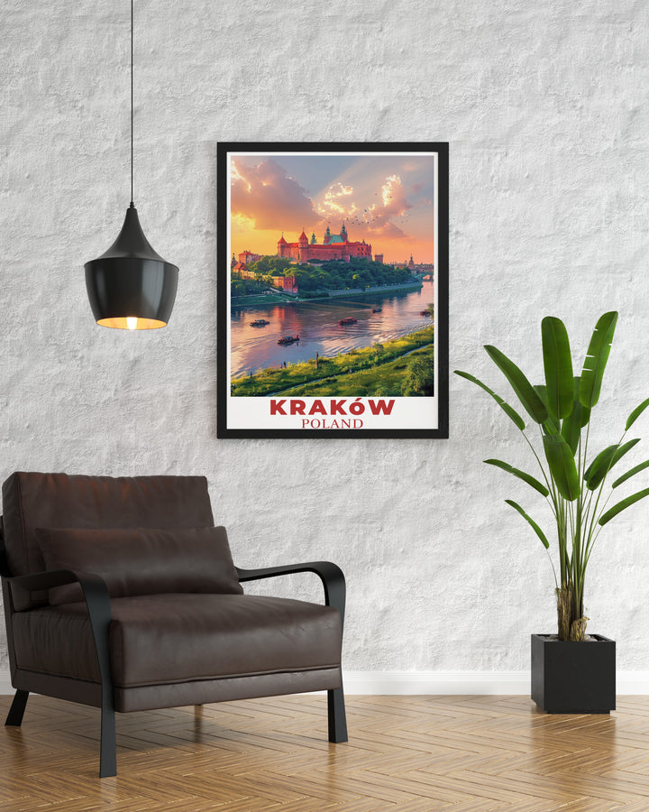 This vibrant Krakow poster print features Wawel Castle, showcasing the intricate design and cultural significance of this Polish landmark. Whether as a gift or home décor, this travel art piece will add character to any room.