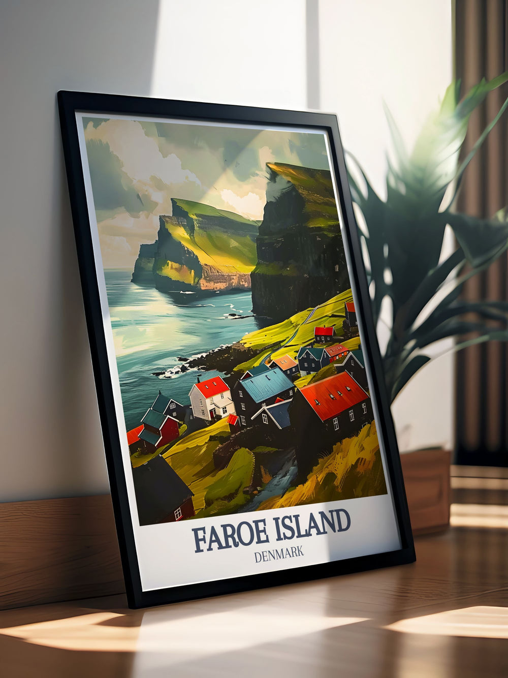 Elegant Faroe Island decor highlighting Bour Village and the Atlantic Ocean. A modern art print perfect for living rooms or bedrooms, this piece is ideal as a Denmark Island gift or Faroe travel art for anyone who loves the charm of the Nordic islands.