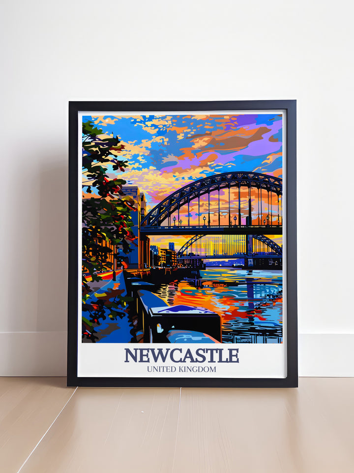 This stunning Newcastle poster print captures the iconic Tyne Bridge and the vibrant Quayside District in fine detail. This travel print showcases the architectural charm of Newcastle, making it perfect for home decor or as a thoughtful travel gift. The canvas art format brings to life these beloved landmarks.