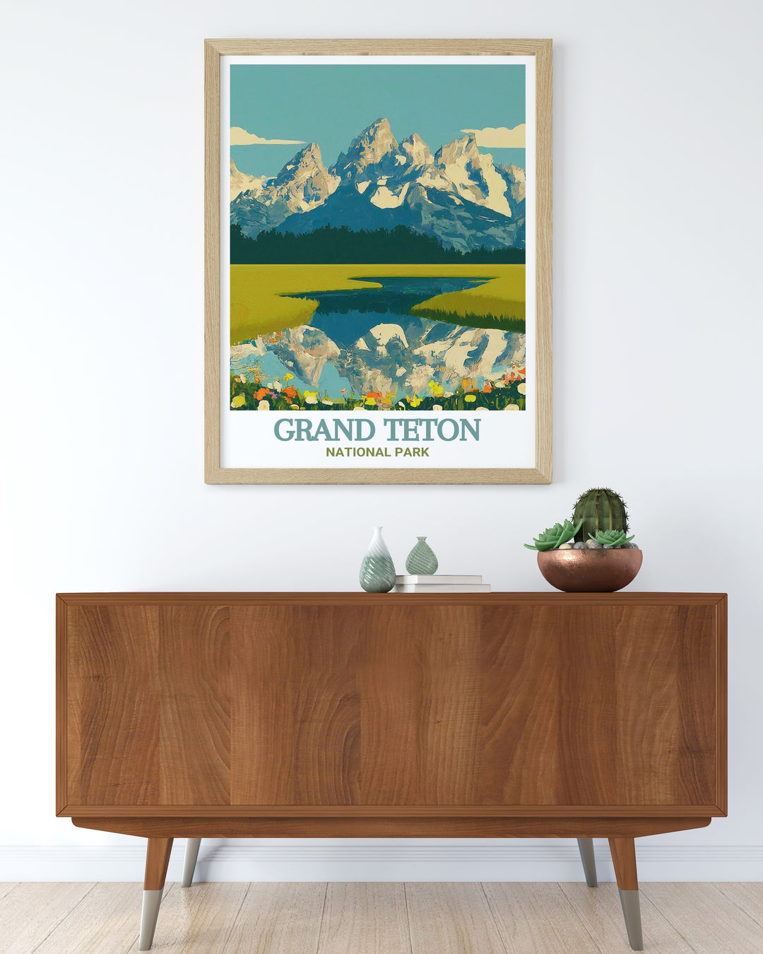 Experience the natural beauty of Grand Teton National Park with this Grand Teton travel poster. The detailed depiction of the rugged mountains and serene landscapes makes this artwork a standout piece, perfect for adding a touch of Americas wilderness to your decor.