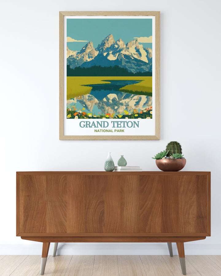 Experience the natural beauty of Grand Teton National Park with this Grand Teton travel poster. The detailed depiction of the rugged mountains and serene landscapes makes this artwork a standout piece, perfect for adding a touch of Americas wilderness to your decor.