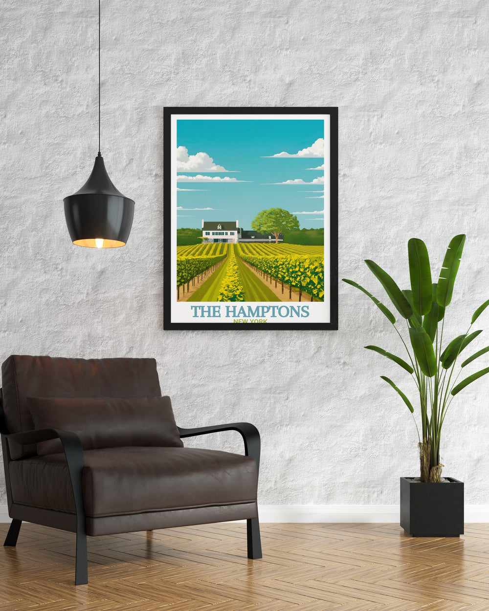 This vintage travel poster combines The Hamptons skyline with the historic Montauk Point Lighthouse, creating a timeless piece of coastal art. Ideal for beach lovers, this New York travel print adds a serene and elegant touch to any home décor.