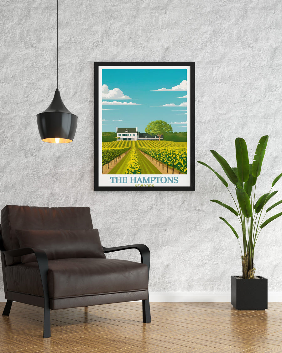 This vintage travel poster combines The Hamptons skyline with the historic Montauk Point Lighthouse, creating a timeless piece of coastal art. Ideal for beach lovers, this New York travel print adds a serene and elegant touch to any home décor.