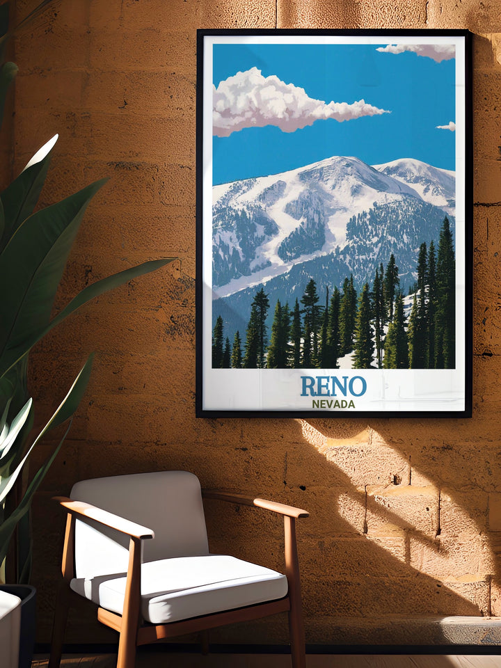 This Nevada ski print captures the spirit of Mt. Rose Ski Tahoe with fine line details of the Sierra Nevada mountains. A perfect gift for outdoor adventurers, this framed poster brings the excitement of winter sports to your walls.