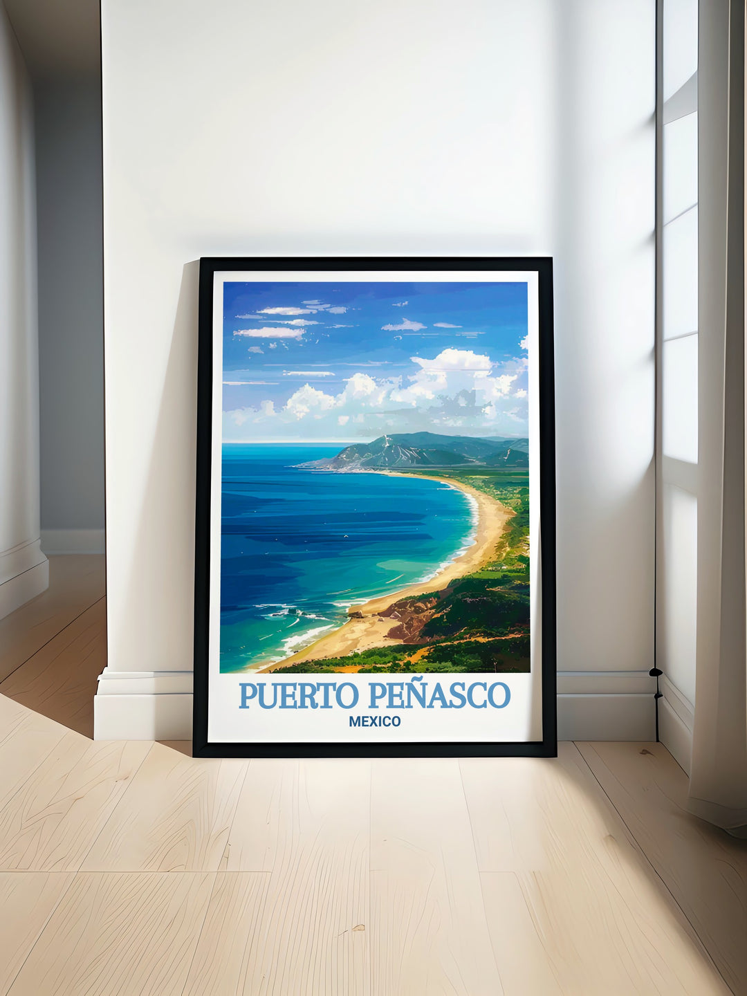 Puerto Peñasco art print capturing the stunning coastline of Rocky Point, featuring vibrant colors and tranquil waves, perfect for adding a touch of Mexican coastal beauty to your home decor. This detailed artwork highlights the natural charm of Puerto Peñasco, making it an ideal gift for beach lovers and travelers.