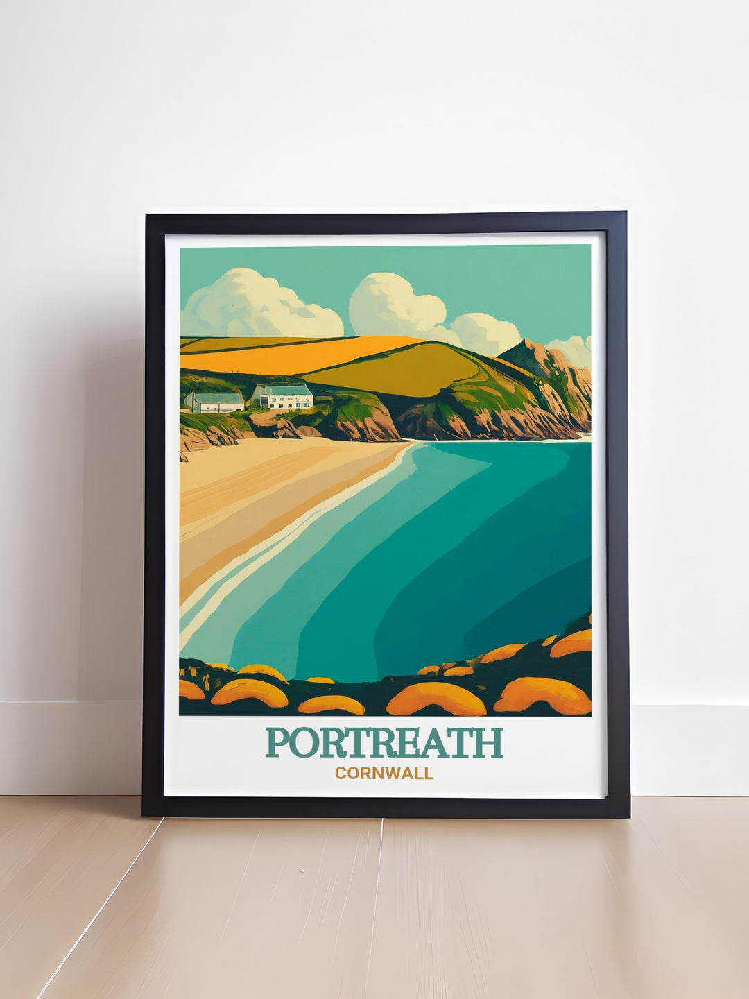 Portreath Beachs natural beauty is showcased in this detailed print, featuring the beachs soft sands and surrounding cliffs. The artwork brings a piece of Cornwalls coastline into your home, offering a serene and calming addition to any room. Perfect for those who appreciate coastal landscapes, this print is a must have.