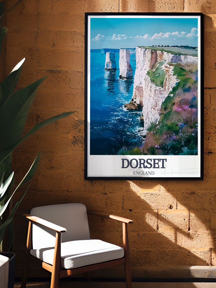 Old Harry Rocks are highlighted in this travel poster, capturing their majestic presence and the timeless beauty of Dorsets coastline, perfect for your home.