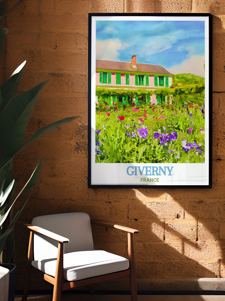 Featuring a serene view of Claude Monets House and Gardens, this Giverny poster print brings the beauty of France to life. The tranquil waters and blooming flowers are beautifully rendered in this France travel print, perfect for any room.