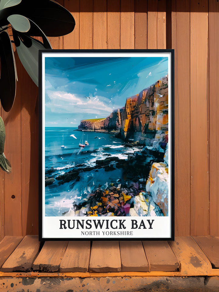 National Park poster featuring Runswick Bay Village along the Cleveland Way Staithes Walk an ideal wall decor piece for nature lovers and hikers celebrating the beauty of North Yorkshire and the Cleveland Way with elegant and sophisticated home decor