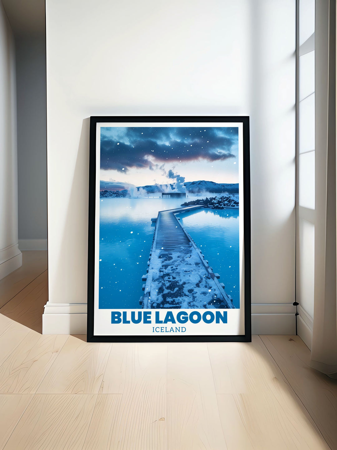 The Blue Lagoon poster print brings the tranquil beauty of Iceland into your home. This stunning art piece features the iconic Blue Lagoon with calming blue tones and serene landscapes, perfect for enhancing any living space with its elegant modern design.