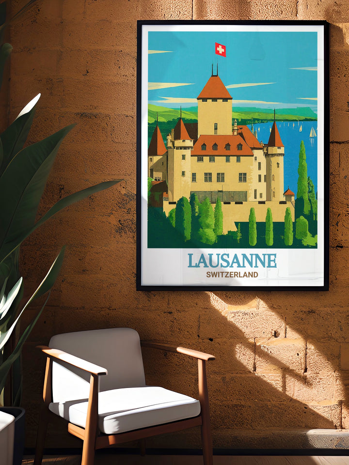 Immerse yourself in the serene beauty of Château dOuchy with this travel poster, showcasing the castles elegant architecture and picturesque setting along Lake Geneva.