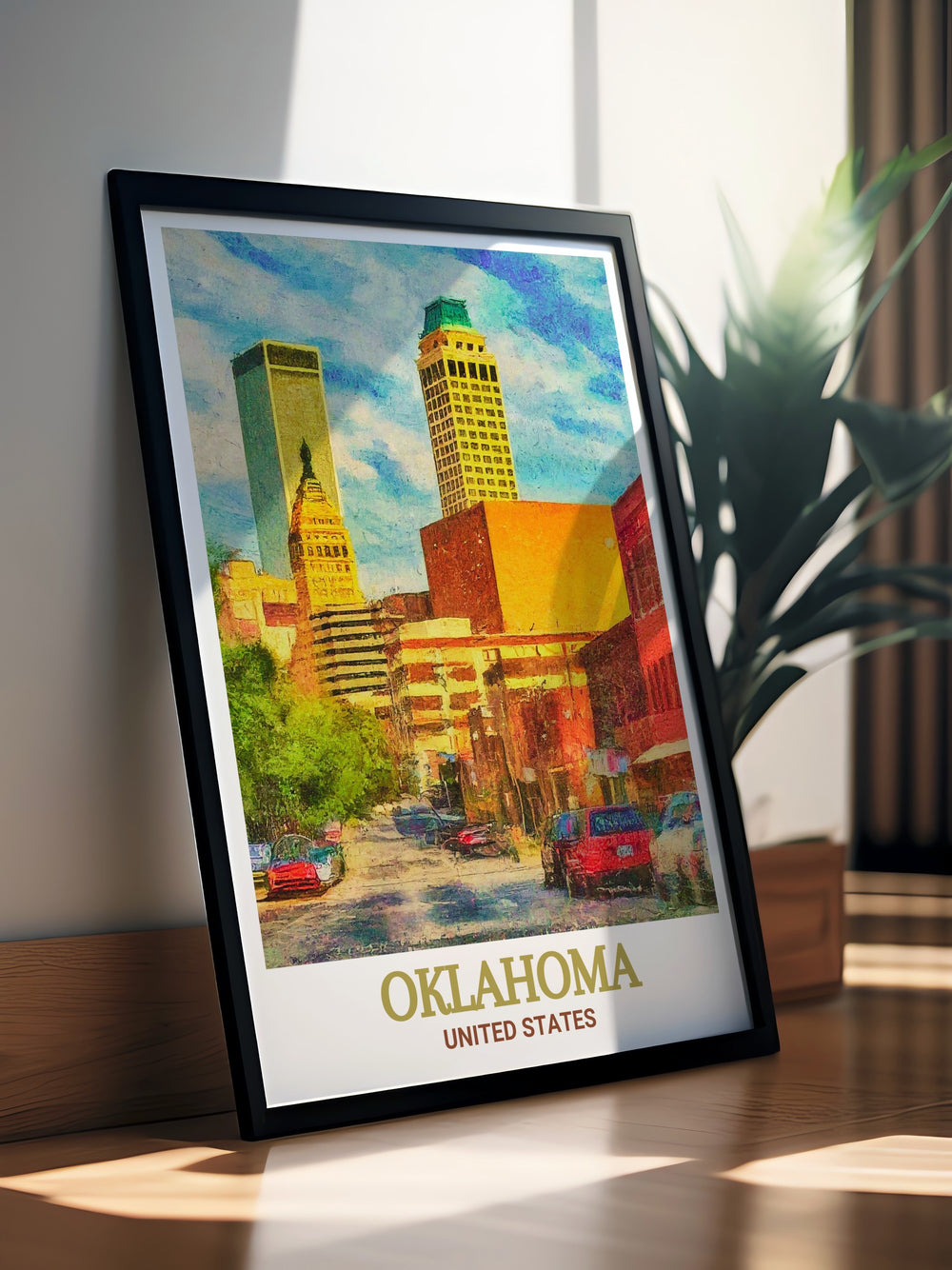 Oklahoma travel print showcasing the intricate details of Tulsas Art Deco District. Fine line art in black and white that complements both modern and traditional home decor. Ideal for living room wall art or as a thoughtful gift for all occasions.