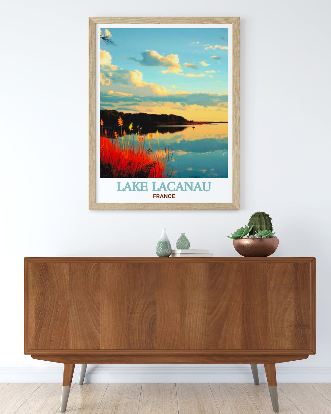 This Lake Lacanau travel poster showcases the natural beauty of Frances coastal region. The combination of the lakes peaceful atmosphere and the protected Réserve Naturelle de lÉtang de Cousseau makes this print a must have for any nature enthusiast.