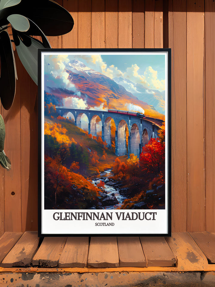 Detailed illustration of the Glenfinnan Viaduct, highlighting its iconic structure and the surrounding natural beauty of the Scottish Highlands, perfect for train enthusiasts and nature lovers.