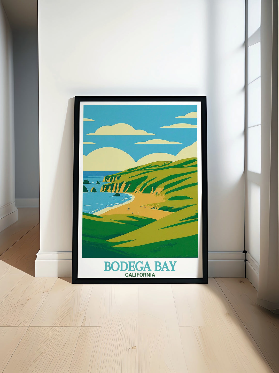 Bodega Bay poster featuring the stunning coastal scenery and serene beaches of Doran Regional Park. Perfect for adding a touch of California travel inspiration to your home decor with vibrant and detailed artwork.