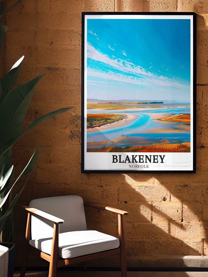 The Blakeney Poster Print invites viewers to explore the peaceful coastal beauty of Blakeney Point and the Blakeney National Nature Reserve. Perfect for nature lovers, this travel poster brings the serenity of the Norfolk Coast into your home.