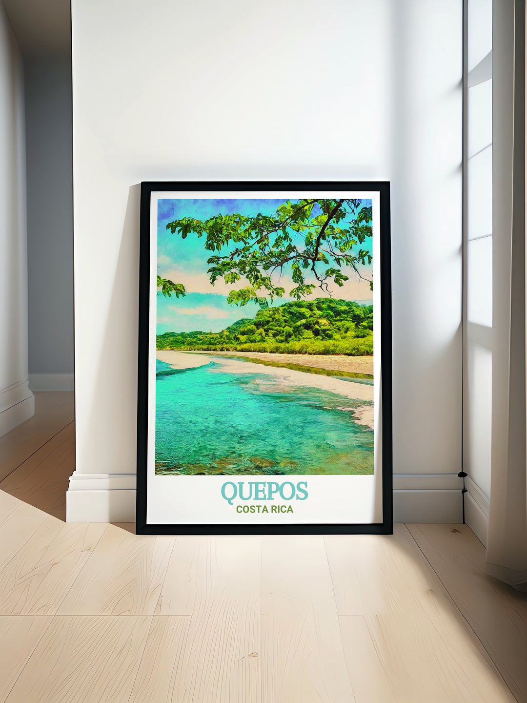 Playa Espadilla, one of Costa Ricas most beautiful beaches, is celebrated in this stunning print. Located near Quepos, this beach is known for its golden sands and lush vegetation. Perfect for beach lovers, this artwork brings the beauty of Costa Ricas coast into your home.