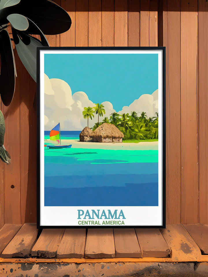 Capture the serene beauty of Panamas San Blas Islands with this stunning travel poster. Featuring a vibrant depiction of this tropical paradise, this artwork is perfect for travel enthusiasts and those who love coastal decor.