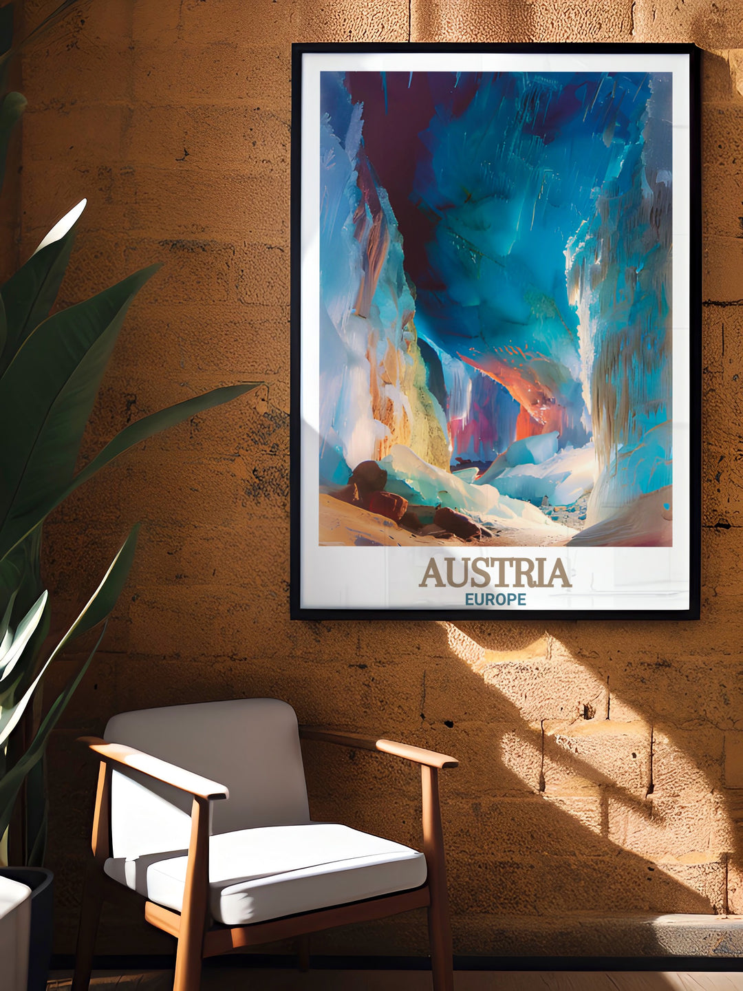 Austria Poster featuring the stunning Eisriesenwelt Ice Cave in a modern art style. This Austria Colorful Art is perfect for any living space. A fine line print of the Austria map adds sophistication making it a great choice for decor and meaningful gifts.