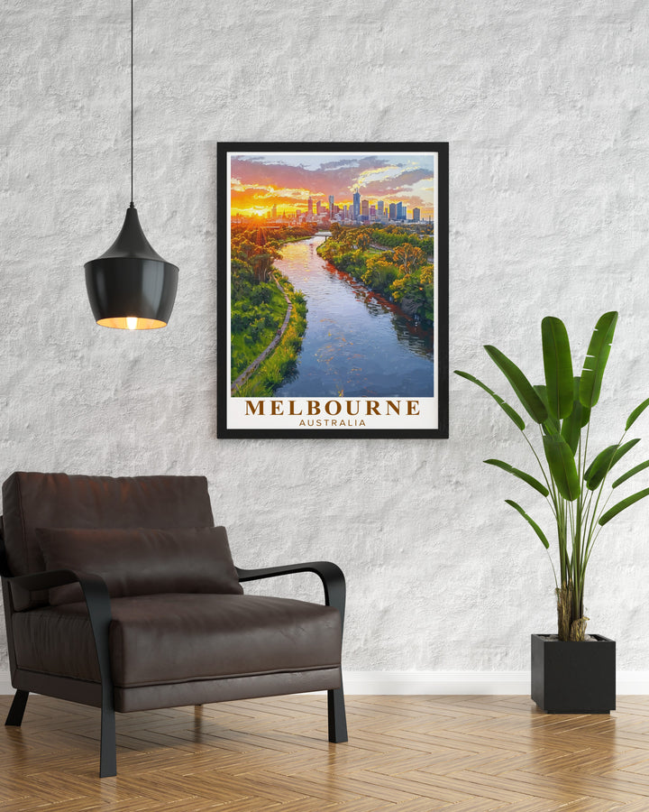 This Melbourne Travel Print features a stunning view of the Yarra River, capturing the essence of Melbournes balance between city life and nature. Ideal for travelers and art enthusiasts, this framed artwork brings the beauty of Melbourne into your home.