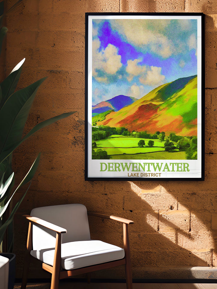 This vibrant Lake District Travel Print brings together Derwentwater and Catbells, offering a stunning representation of one of the UKs most cherished landscapes. Ideal for enhancing your home decor.