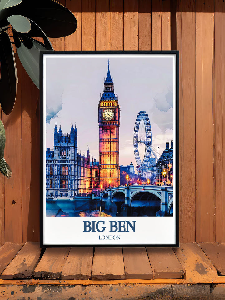 Unique artwork of London featuring Big Ben, the Houses of Parliament, and the London Eye, perfect for personalized gifts or home decor. This print captures the essence of Londons most famous landmarks.