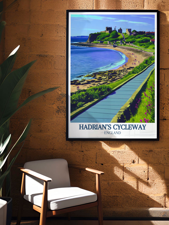 This travel poster of Hadrians Cycleway features the serene coastal beauty of Tynemouth, highlighting the dramatic cliffs and historical landmarks perfect for home decor.