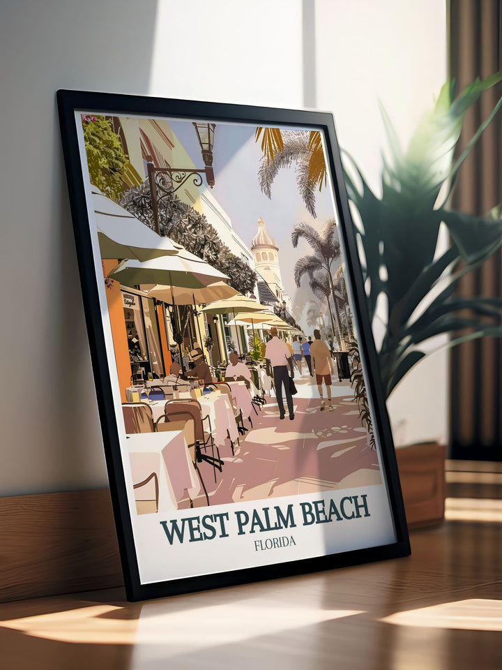 West Palm Beach art print of Downtown Worth Avenue designed to bring tropical vibes and elegant decor into your home a Florida travel gift or addition to your living room perfect for fans of Palm Beach or lovers of Floridas iconic destinations