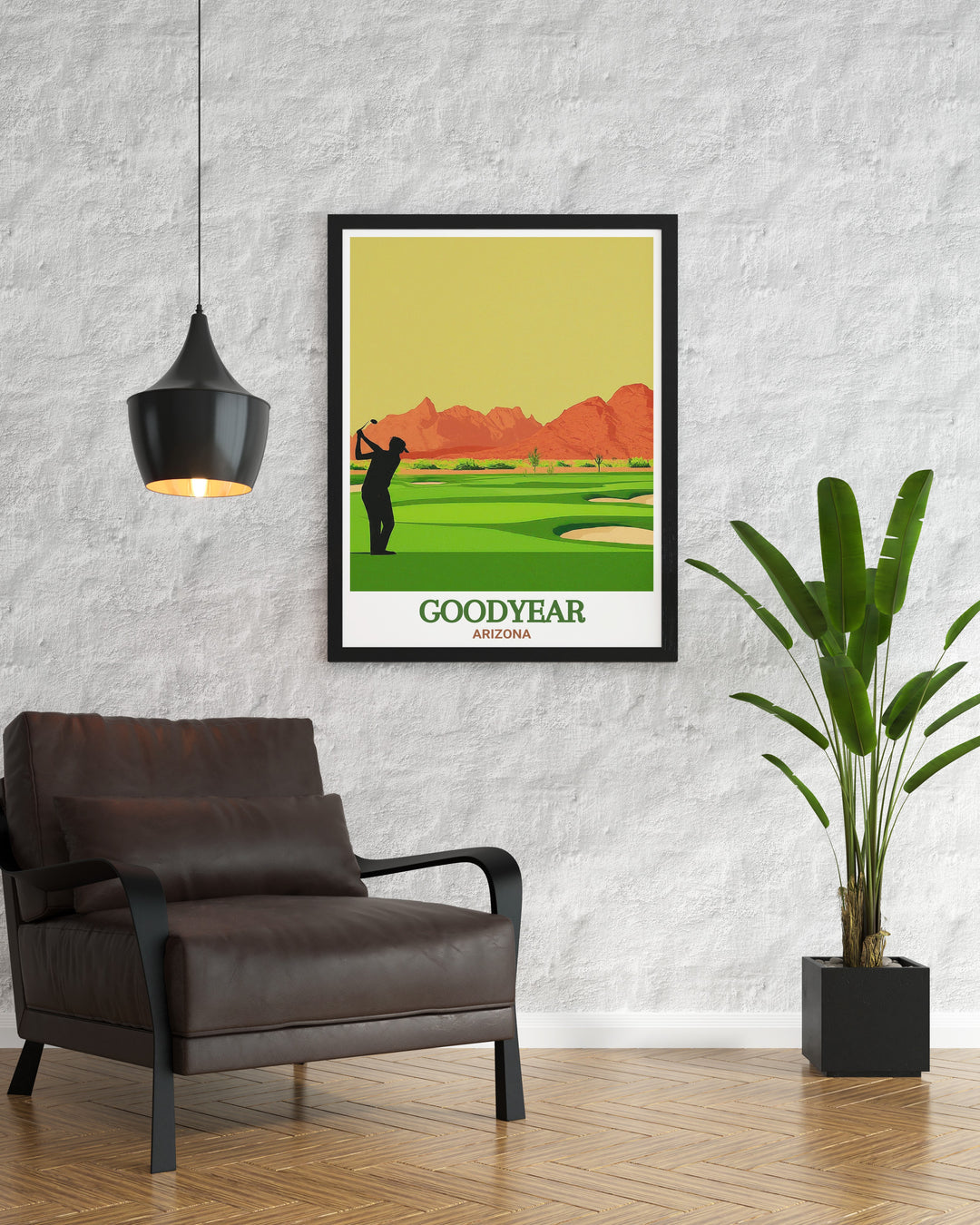 Celebrate the beauty of Arizona with this Goodyear vintage poster. The retro design and depiction of the sweeping desert views of Goodyear make this print a perfect gift for travelers and those who love the outdoors. It adds a touch of nostalgia to any room while showcasing Arizonas rugged beauty.