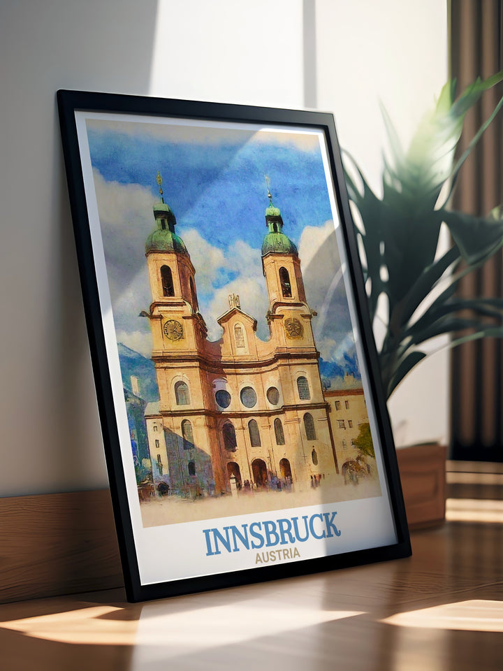 A vibrant Innsbruck art print showcasing the Innsbruck Cathedral, a historic Baroque masterpiece in the heart of Austria. Ideal for lovers of European architecture, travel, and history.