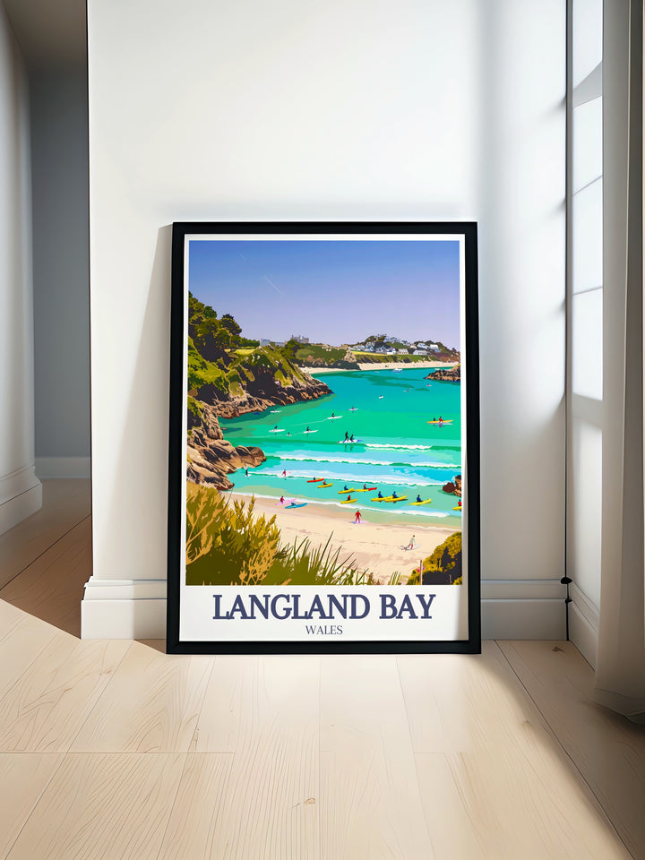 The Gower Peninsula Vintage Poster highlights the timeless beauty of Wales coastal gems, Langland Bay and Caswell Bay, with their sandy shores and scenic hills. This travel print is a perfect addition to any home, ideal for beach and nature lovers.