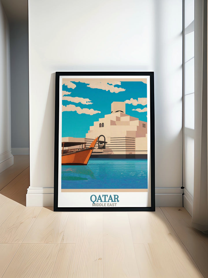 Qatar travel poster featuring the Museum of Islamic Art. This print highlights the museums sleek, geometric architecture against the backdrop of Dohas skyline, creating a perfect piece for lovers of Middle Eastern culture.