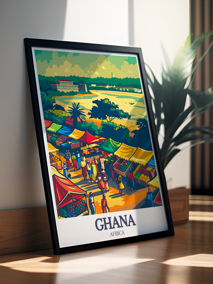 Bring the heart of Accra into your space with this Ghana poster, featuring the citys skyline and the iconic Makola Market. Perfect for adding cultural depth to your home, this poster is a great gift for anyone who cherishes African art and cityscapes.