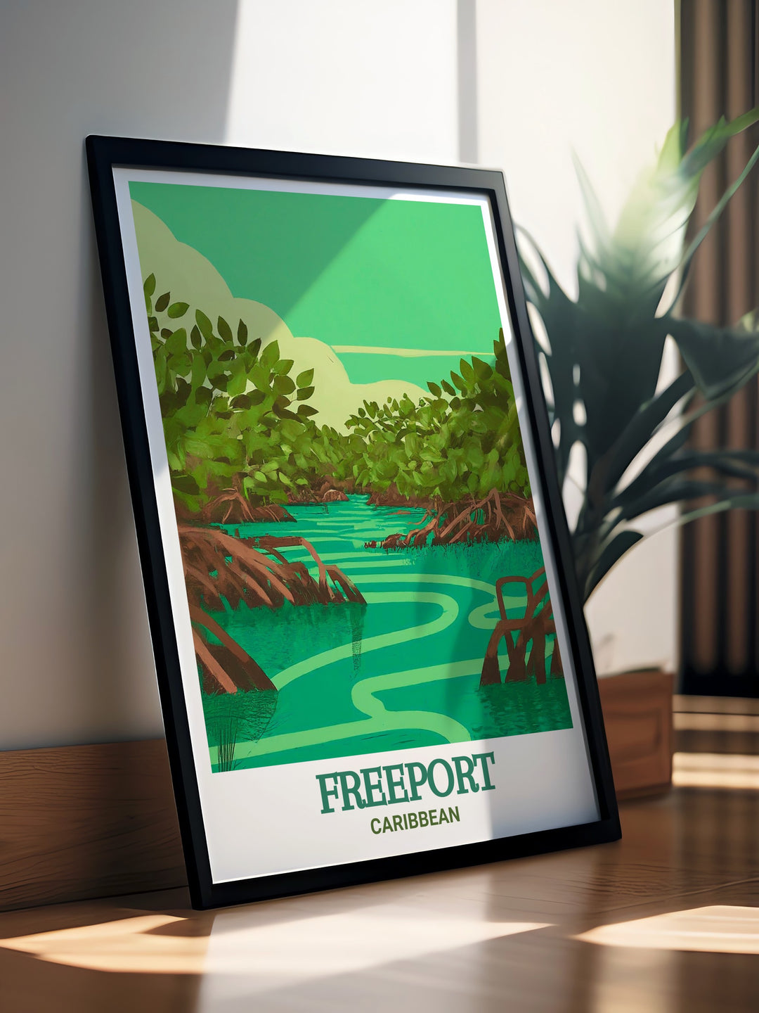 The serene beaches and lush greenery of Lucayan National Park, combined with the lively streets of Freeport, create a captivating Caribbean scene in this travel poster.