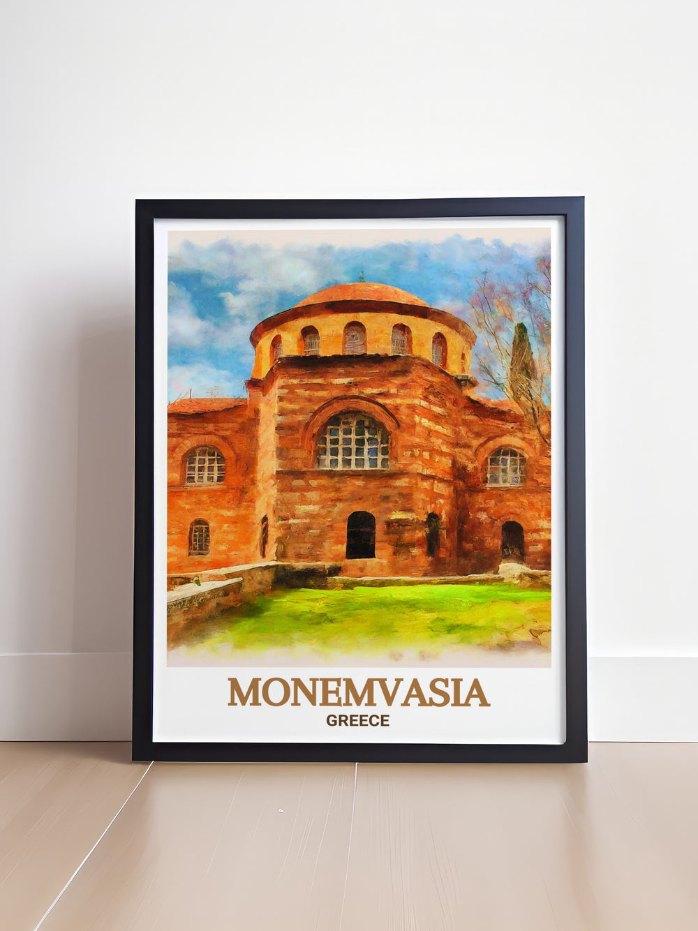 Agia Sofia Wall Art highlighting the architectural splendor of the Church of Agia Sofia in Monemvasia, set against the rugged landscape of the island. This artwork offers a glimpse into Greeces rich religious and cultural history, perfect for any art or history collection.