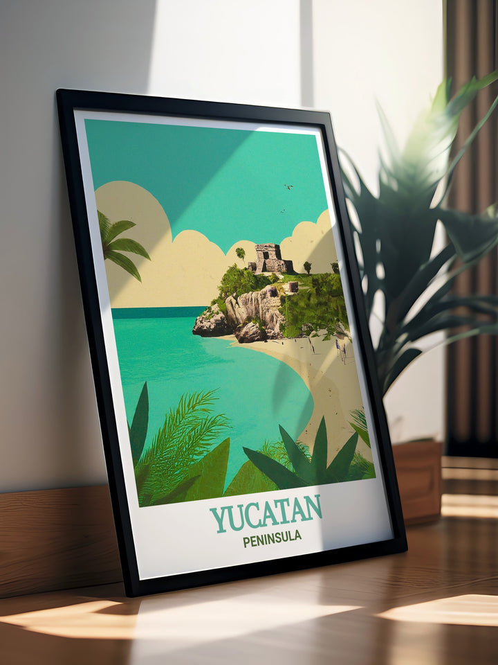 A vibrant art print of Tulum on the Yucatan Peninsula, highlighting the ancient Mayan ruins that stand dramatically above the Caribbean Sea. The perfect combination of history and natural beauty, this travel print adds depth and color to your living space while reflecting the adventure and heritage of Mexicos Yucatan region.