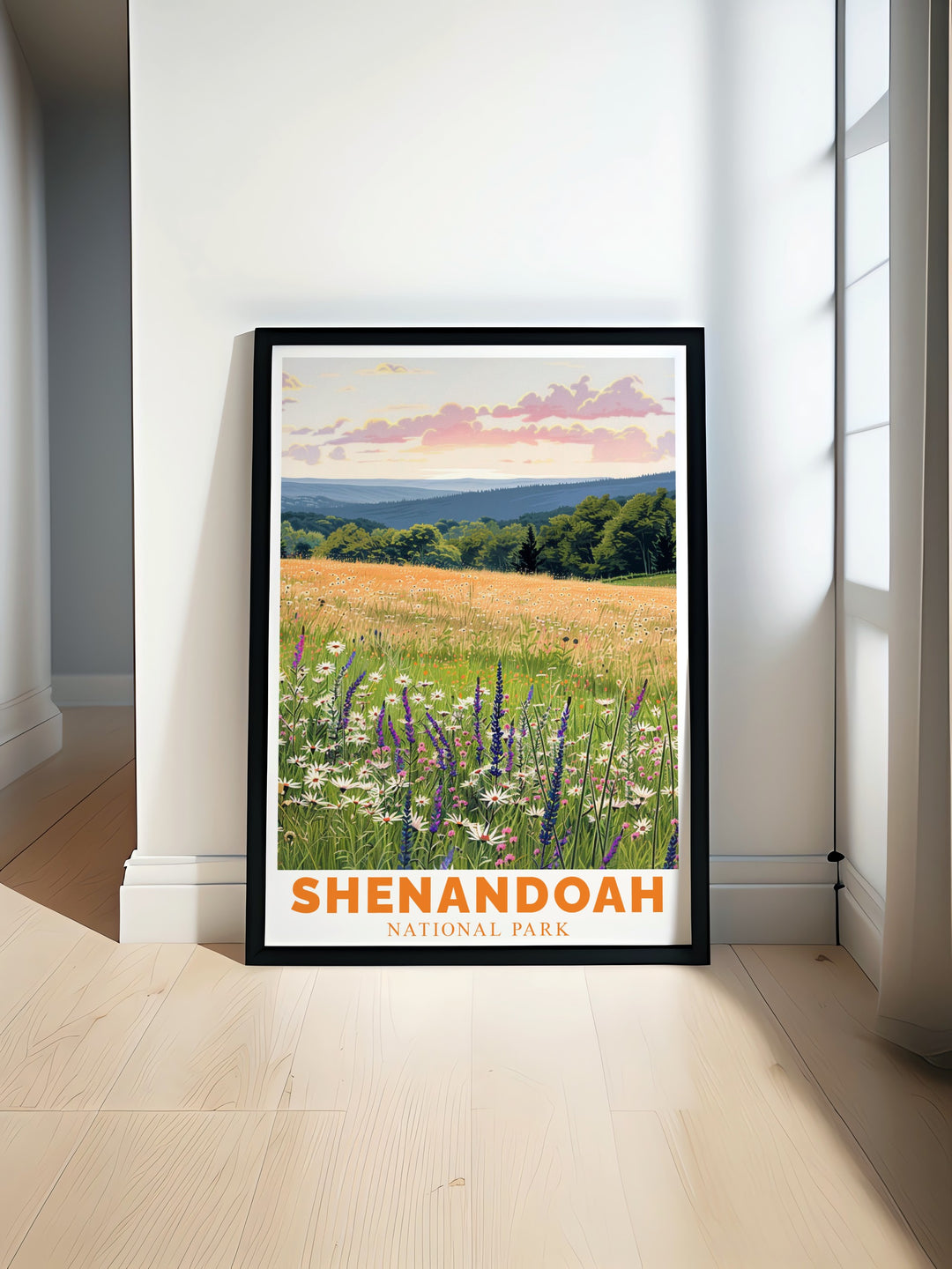 A stunning travel print of Shenandoah National Park, featuring the scenic beauty of Big Meadows. This artwork captures the rolling hills and wide open skies, perfect for adding a touch of nature to your home decor. Ideal for fans of national parks and the outdoors.