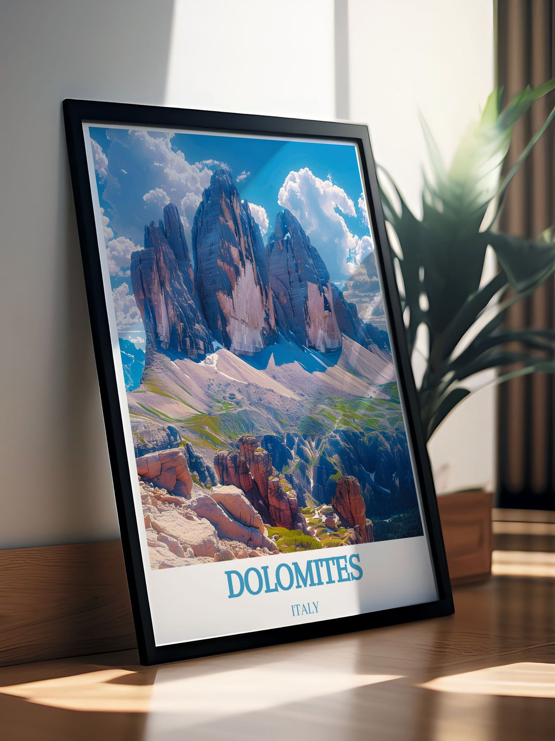 Framed art showcasing the stunning views of the Dolomites, capturing the natural splendor and alpine beauty of Italys iconic mountain range.
