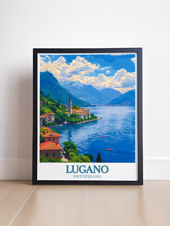 The dynamic energy of Lugano, known for its Mediterranean style squares and bustling piazzas, is highlighted in this travel poster. Ideal for urban enthusiasts and culture lovers.