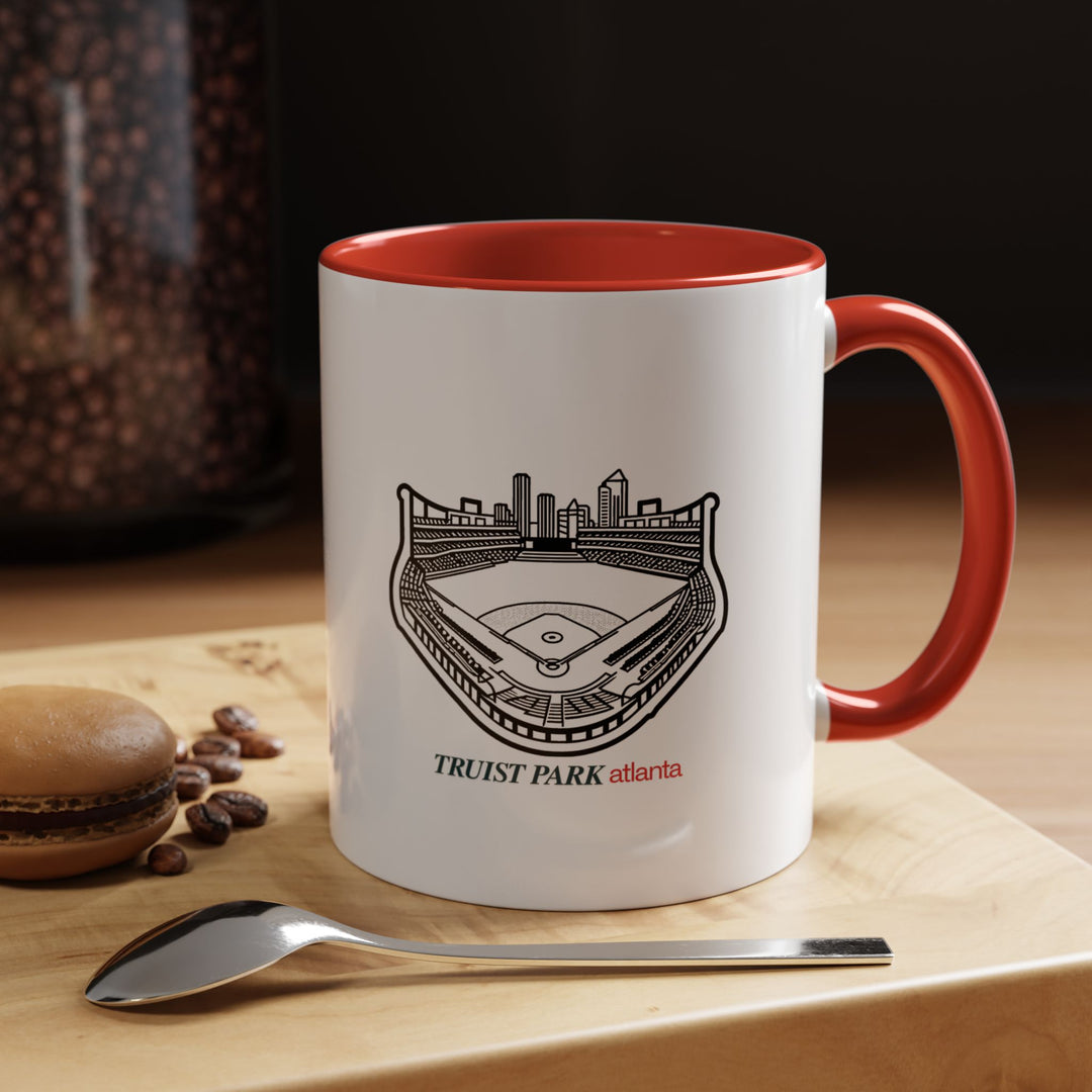 Enjoy your favorite beverage in this Truist Park Atlanta Mug featuring artistic depictions of stadiums architecture. Durable and dishwasher safe, it is perfect for sports enthusiasts and makes a thoughtful gift or personal keepsake for fans of Atlanta.